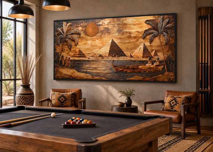 Ancient Egypt canvas print with wood texture style featuring pyramids and the Nile River.