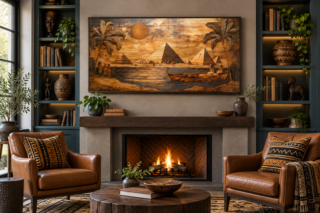 Ancient Egypt wall art canvas print with pyramids and Nile River in a wood texture style.
