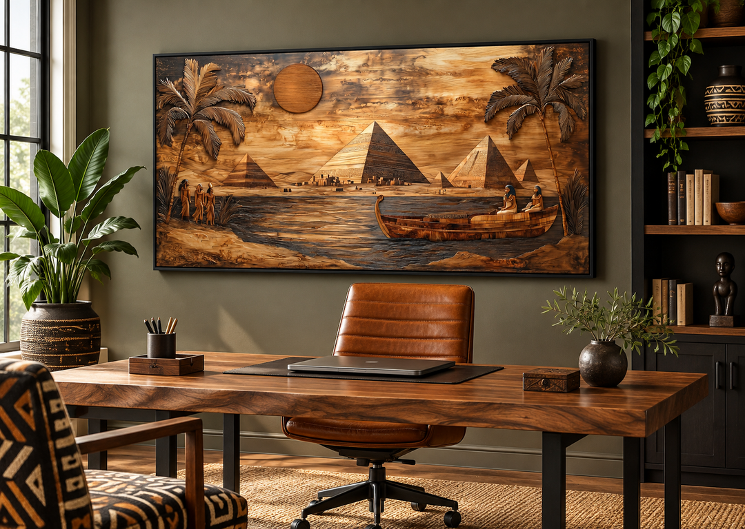 Ancient Egypt canvas print with wood texture style featuring pyramids, the Nile, and palm trees.
