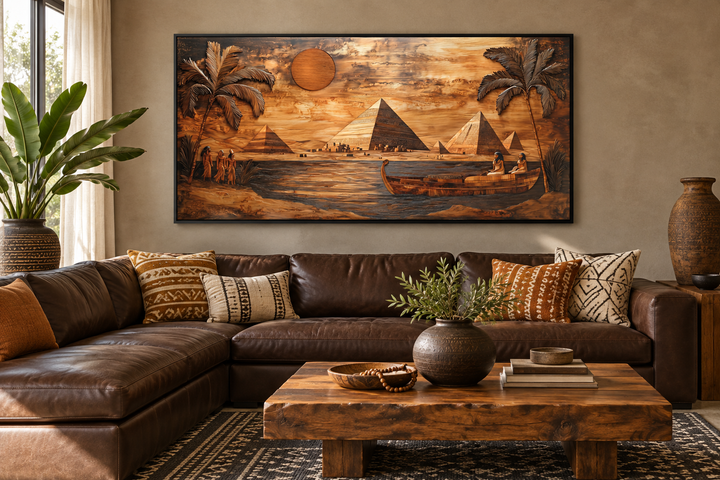 Ancient Egypt canvas print with wood texture style featuring pyramids, the Nile, and palm trees.