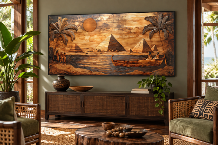 Ancient Egypt canvas print with wood texture featuring pyramids, the Nile, and palm trees.