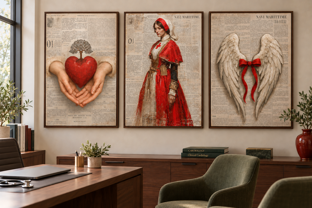 Set of 3 nurse wall art prints featuring Florence Nightingale, a heart in hands, and angel wings.