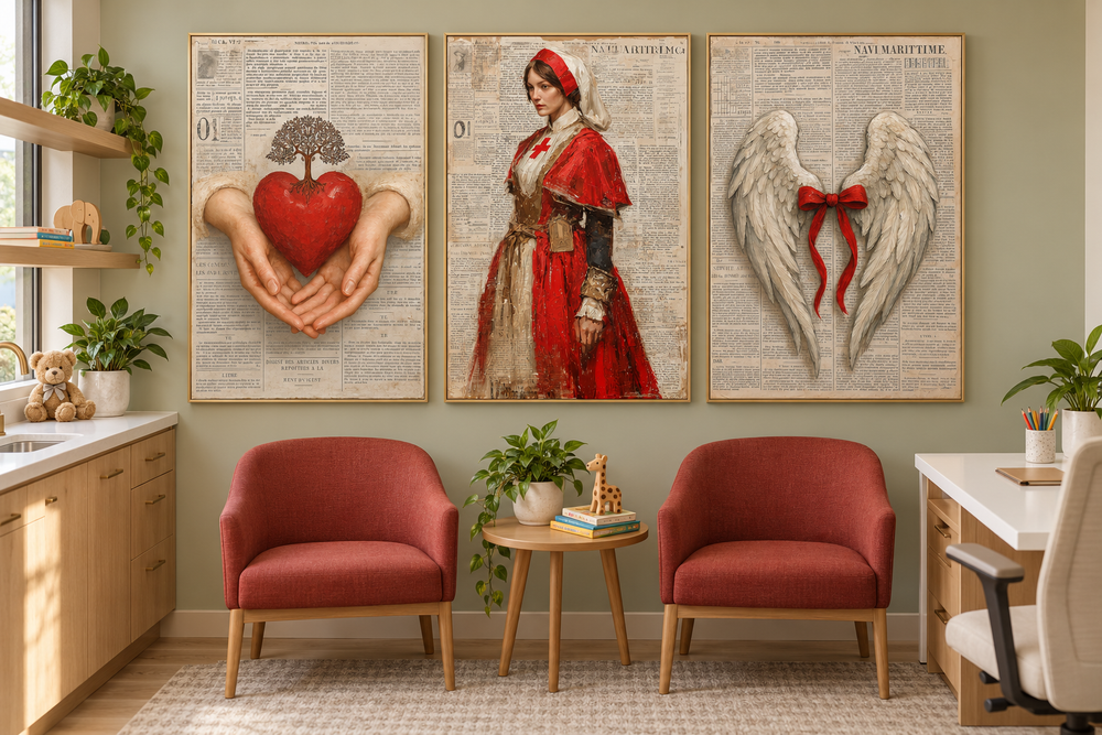 Set of 3 nurse wall art prints featuring Florence Nightingale, heart in hands, and angel wings.