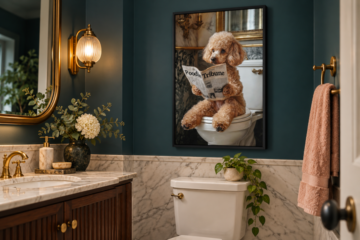 Framed canvas art of a peach poodle sitting on a toilet reading a newspaper in a dark teal bathroom.