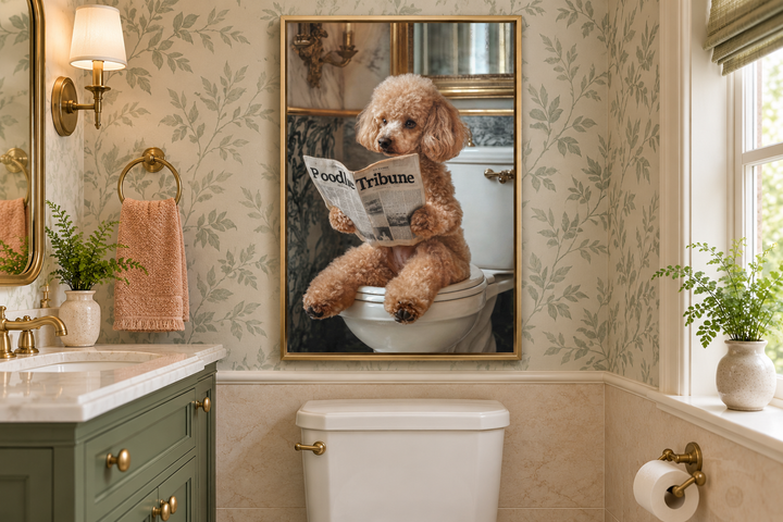 Framed canvas wall art of a peach poodle sitting on a toilet reading a newspaper in a bathroom.