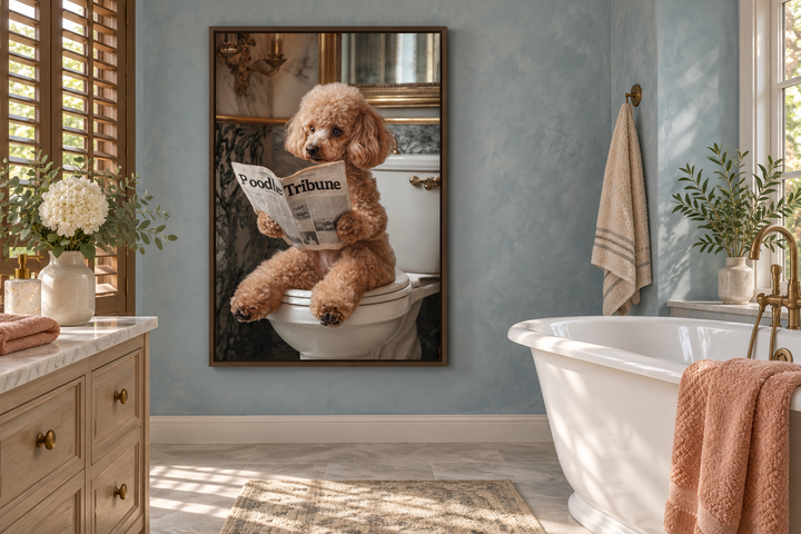 Framed canvas art of a peach poodle sitting on a toilet reading a newspaper in a blue bathroom.