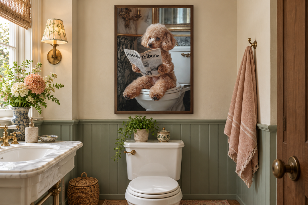 Framed canvas art of a peach poodle reading a newspaper on a toilet in a green paneled bathroom.