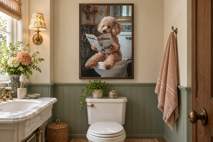 Framed canvas art of a peach poodle reading a newspaper on a toilet in a green paneled bathroom.