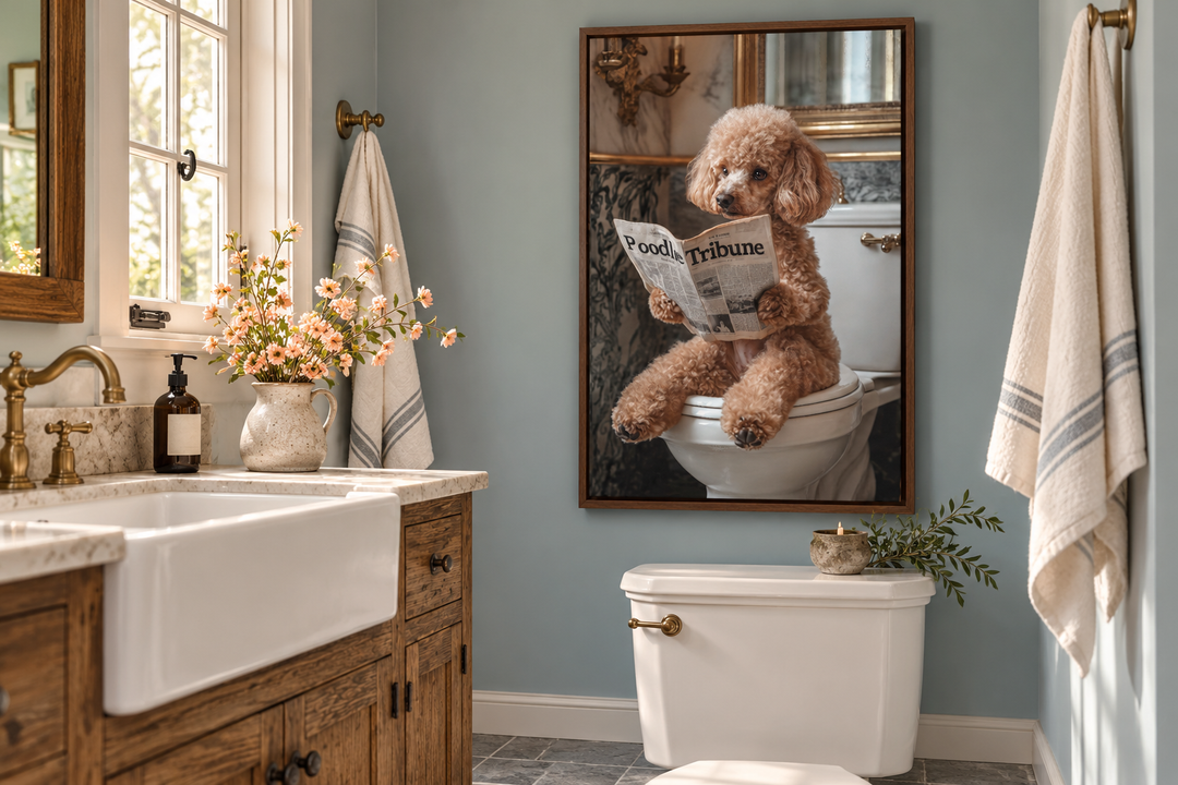 Framed canvas art of a peach poodle reading a newspaper on a toilet in a rustic bathroom.