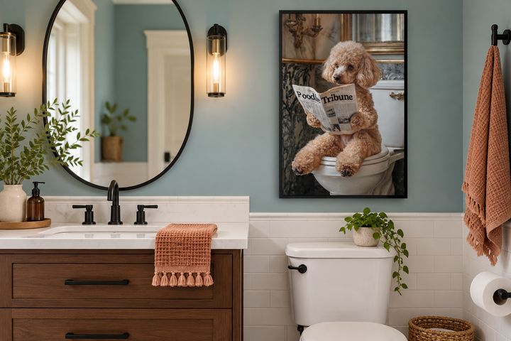 Framed canvas wall art of a peach poodle sitting on a toilet reading a newspaper in a bathroom.