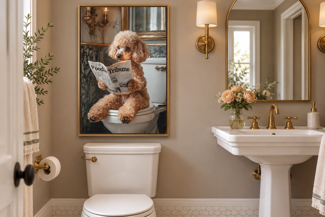 Peach poodle reading a newspaper on a toilet, framed canvas wall art in a bathroom setting.