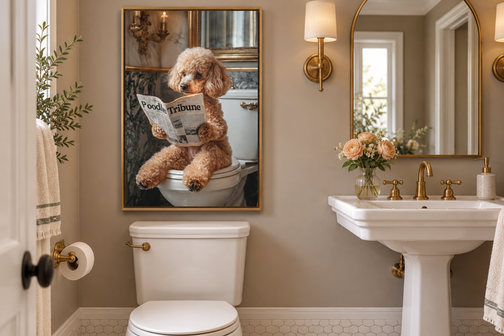 Peach poodle reading a newspaper on a toilet, framed canvas wall art in a bathroom setting.