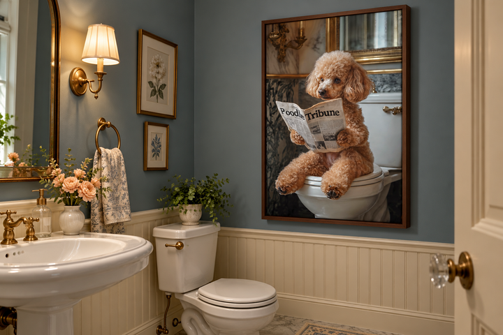 Framed canvas art of a peach poodle reading a newspaper on a toilet in a blue bathroom.