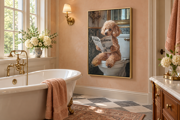 Peach poodle on toilet reading newspaper canvas wall art in a gold frame on a bathroom wall.