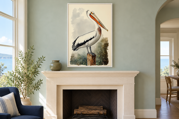 Vintage Pelican Framed Canvas Wall Art hanging above a fireplace in a coastal-style living room.