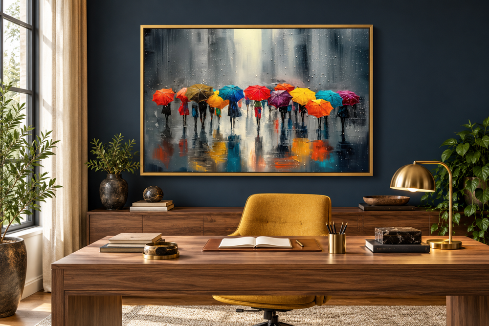 People with colorful umbrellas in a rainy city framed canvas wall art in a navy home office.