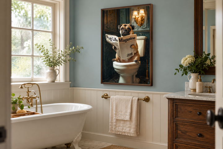 Framed canvas wall art of a pug reading a newspaper on a toilet, hanging in a blue bathroom.