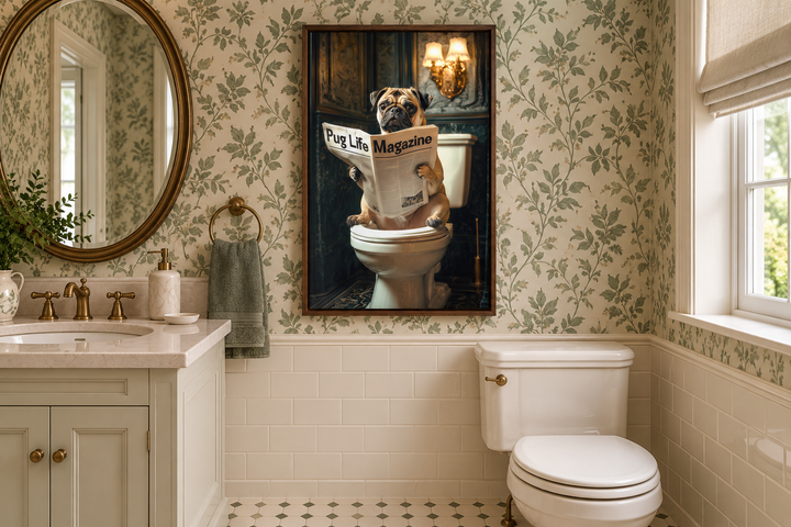 Framed canvas wall art of a pug reading a newspaper on a toilet in a botanical style bathroom.