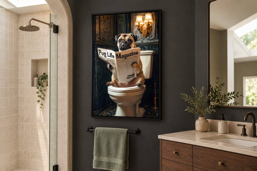 Framed canvas wall art of a pug sitting on a toilet reading a newspaper in a modern bathroom.