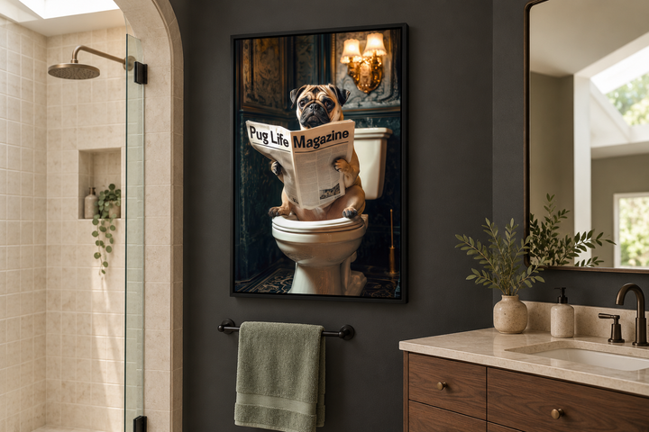 Framed canvas wall art of a pug sitting on a toilet reading a newspaper in a modern bathroom.
