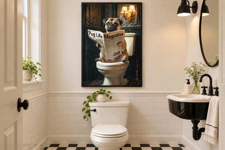 Framed canvas wall art of a pug reading a newspaper on a toilet, hanging in a modern bathroom.