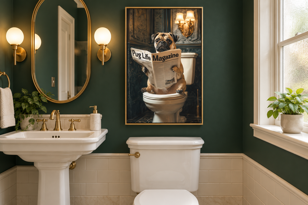 Framed canvas art of a pug reading a magazine on a toilet, hung in a green and gold bathroom.