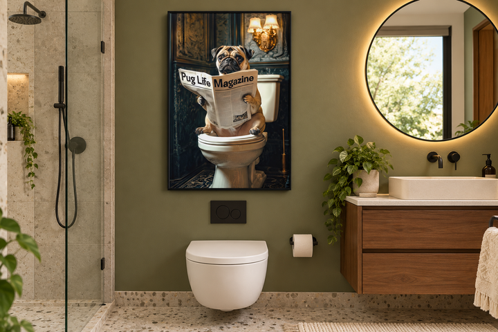 Framed canvas art of a pug reading a magazine on a toilet, hung in a modern olive green bathroom.