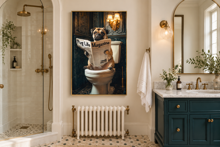 Framed canvas wall art of a pug reading a newspaper on a toilet in a stylish bathroom.