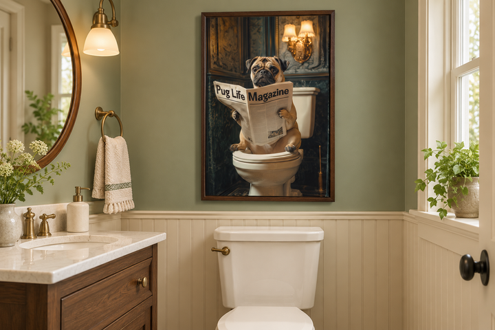 Framed canvas wall art of a pug reading a newspaper on a toilet in a sage green bathroom.