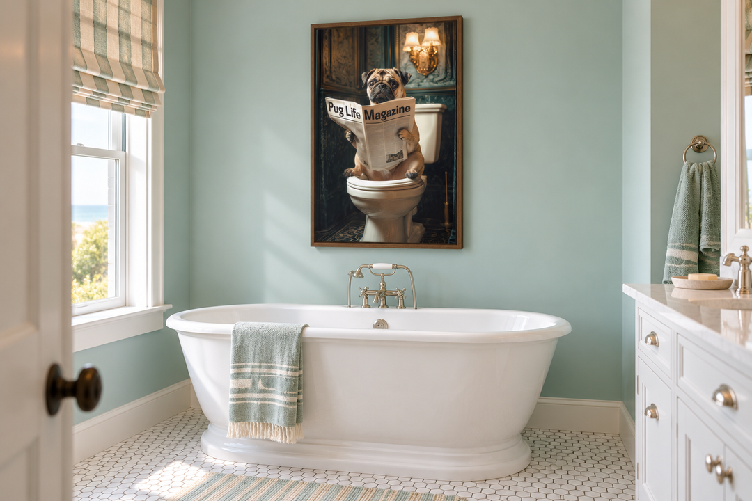 Framed canvas wall art of a pug reading a newspaper on a toilet, hanging in a coastal bathroom.