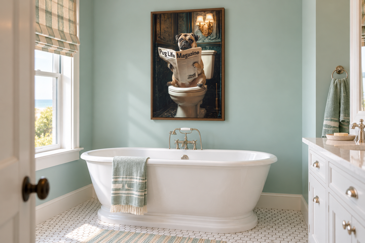 Framed canvas wall art of a pug reading a newspaper on a toilet, hanging in a coastal bathroom.