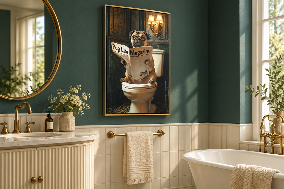 Framed canvas wall art of a pug reading a magazine on a toilet, hung in a dark green bathroom.