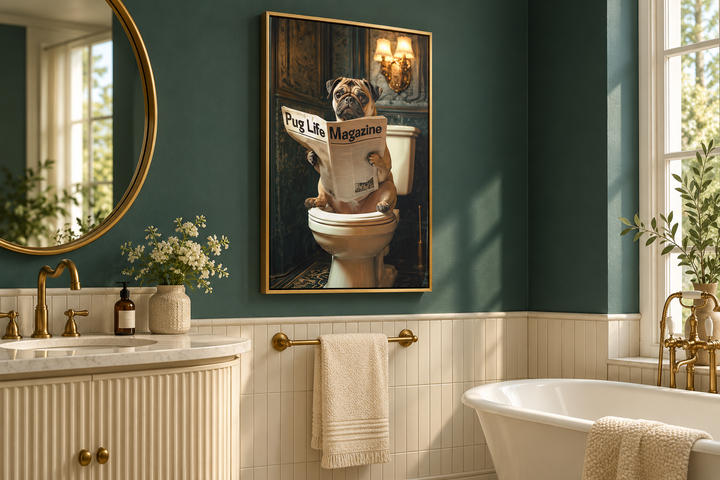 Framed canvas wall art of a pug reading a magazine on a toilet, hung in a dark green bathroom.