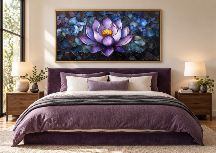 Purple lotus flower stained glass style framed canvas wall art hanging above a purple bed.