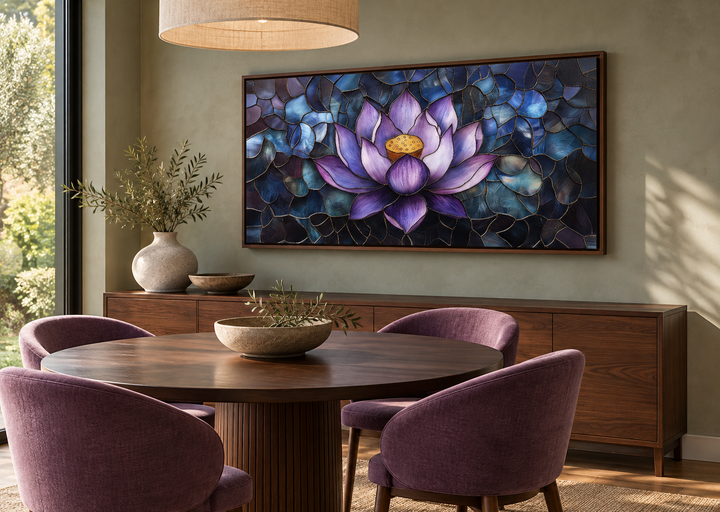 Purple lotus flower stained glass style framed canvas wall art in a modern dining room setting.