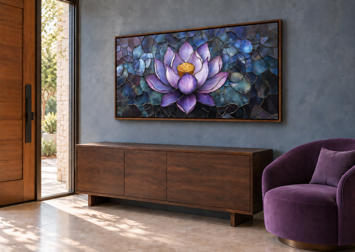 Purple lotus flower stained glass style framed canvas wall art above a walnut sideboard.