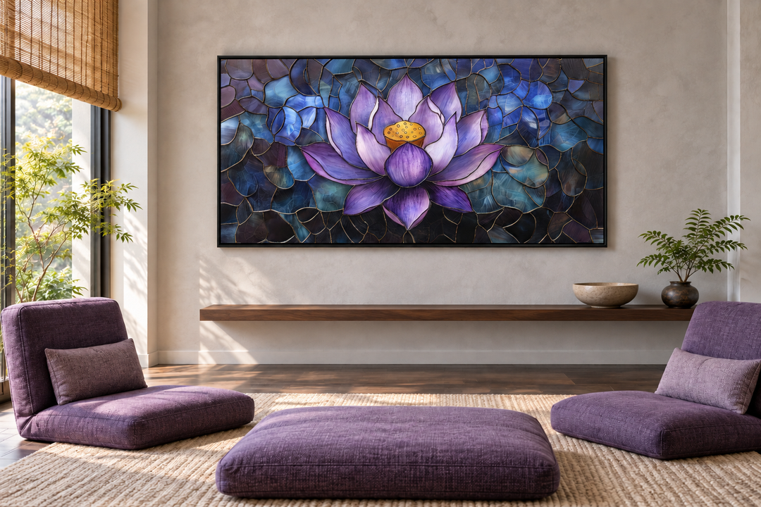 Purple lotus flower stained glass style framed canvas wall art in a zen meditation room.