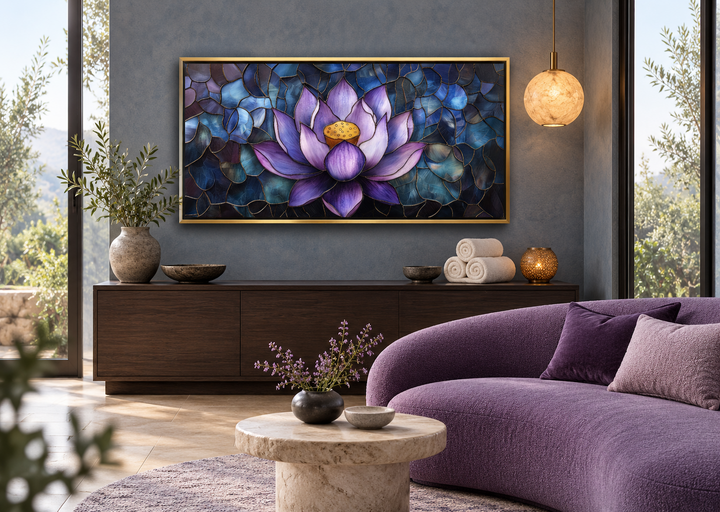 Purple lotus flower stained glass style framed canvas wall art in a gold frame above a dark console.