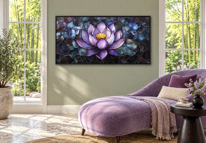 Purple lotus flower stained glass style framed canvas wall art in a sunlit room.