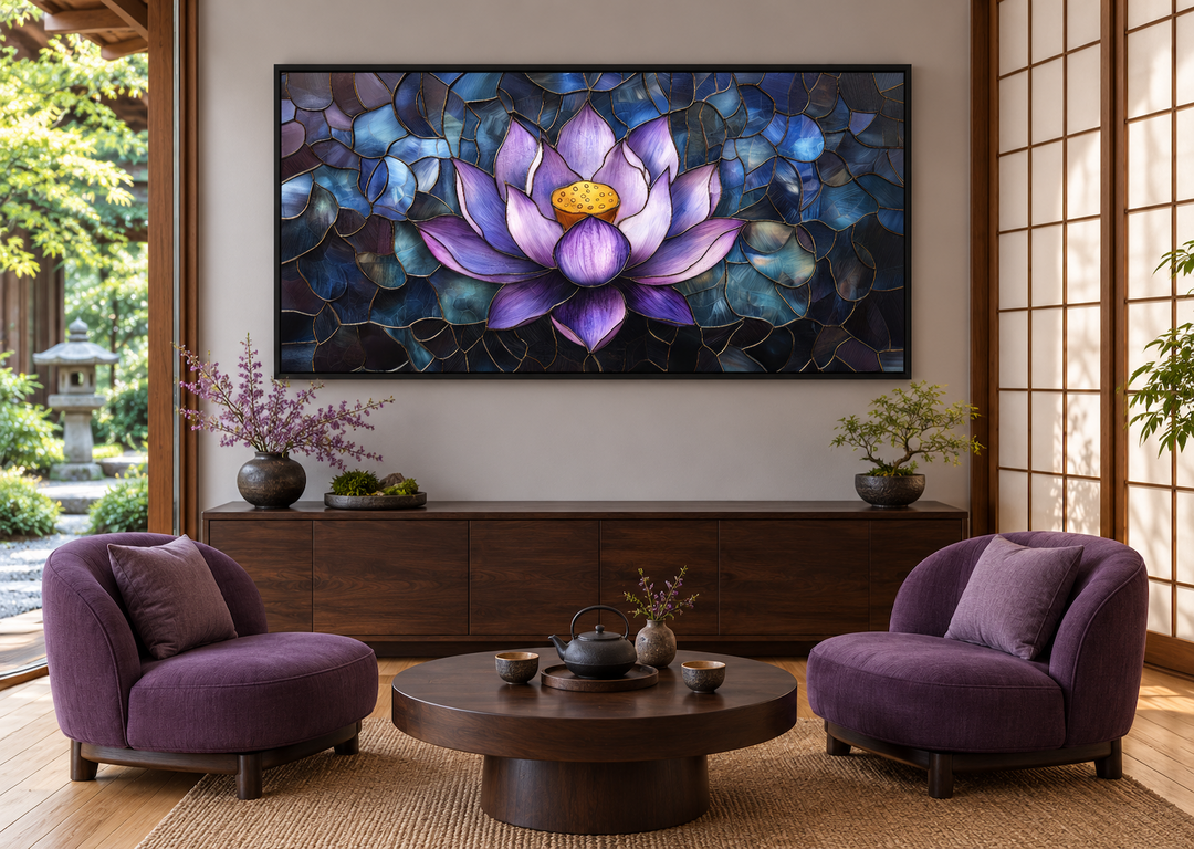 Purple lotus flower stained glass style framed canvas wall art in a zen tea room setting.