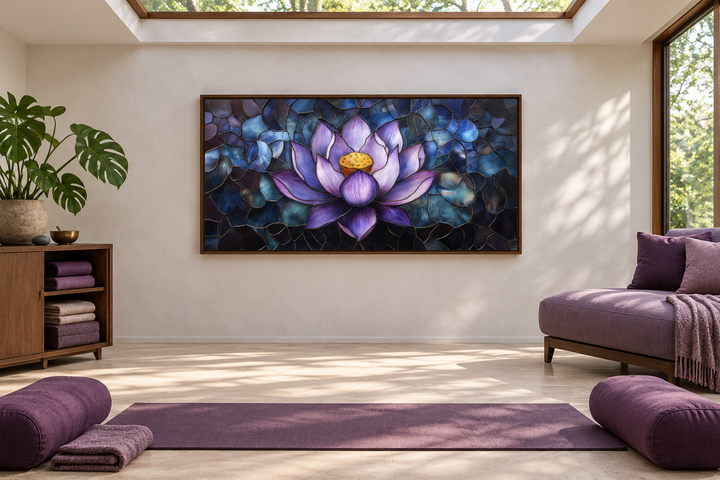 Purple lotus flower stained glass style framed canvas wall art in a zen yoga room.