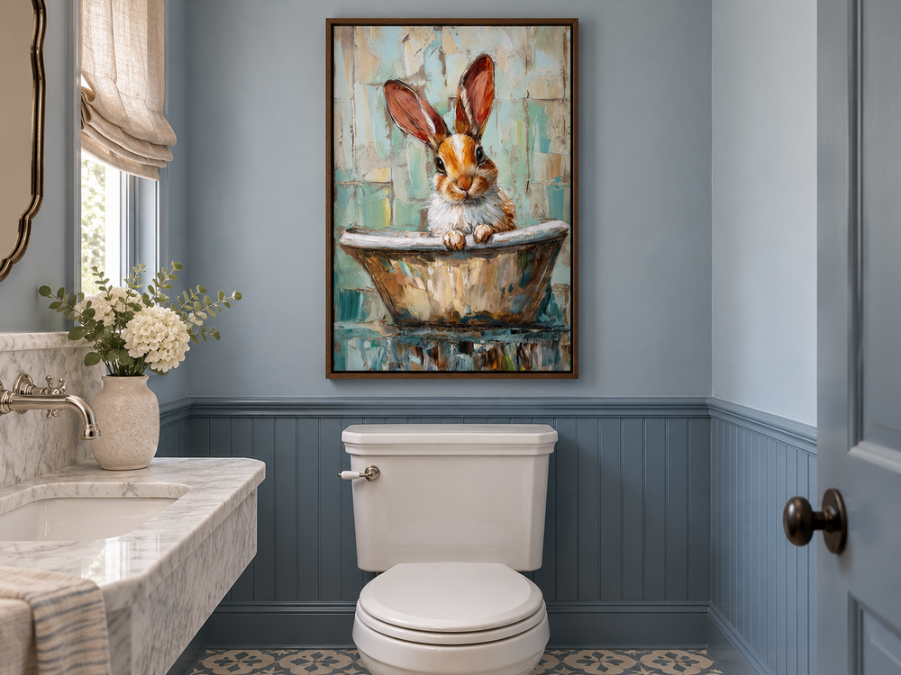 Cute rabbit in a bathtub framed canvas wall art hanging above a toilet in a blue bathroom.