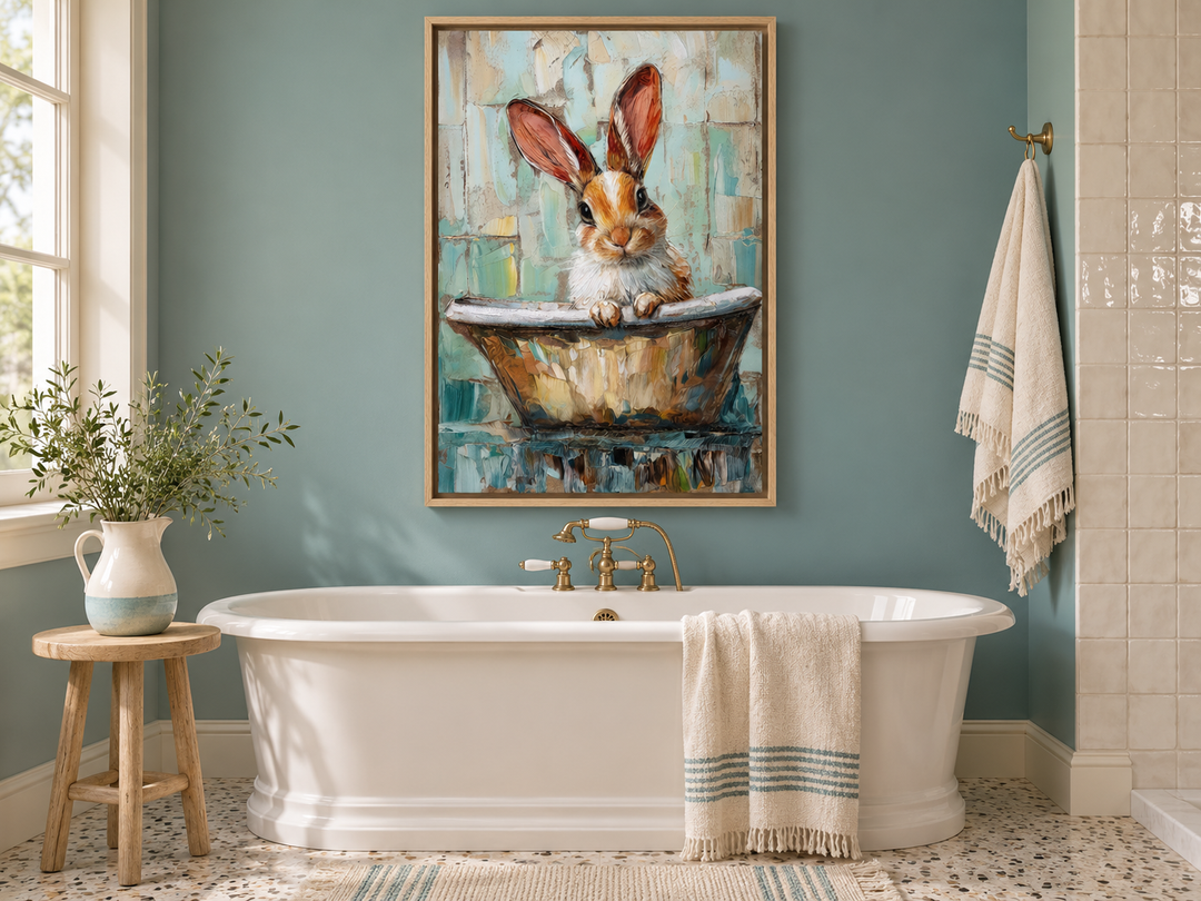 Framed canvas wall art of a cute rabbit in a bathtub, hanging above a white tub in a teal bathroom.