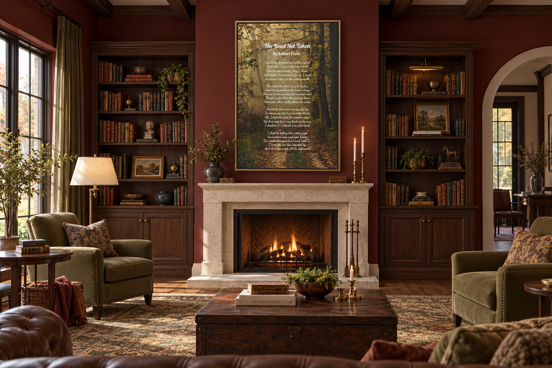 Framed canvas wall art of Robert Frost's The Road Not Taken poem over a fireplace in a library.