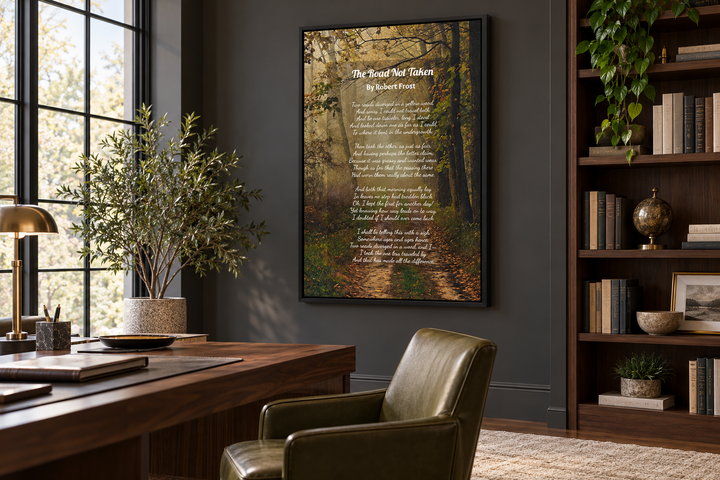 The Road Not Taken Robert Frost poem framed canvas wall art in a dark executive office setting.