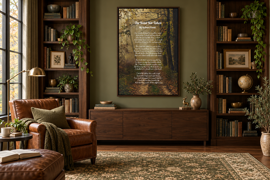 The Road Not Taken Robert Frost poem framed canvas wall art in a dark wood library setting.