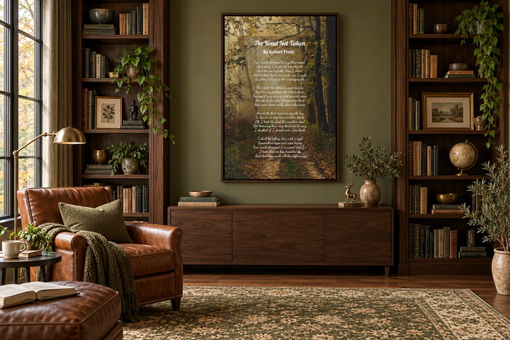 The Road Not Taken Robert Frost poem framed canvas wall art in a dark wood library setting.