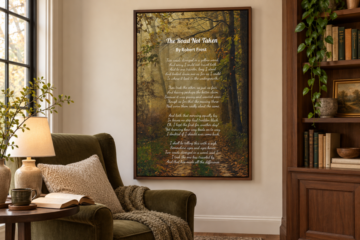 Framed canvas wall art of Robert Frost's The Road Not Taken poem over a forest path background.