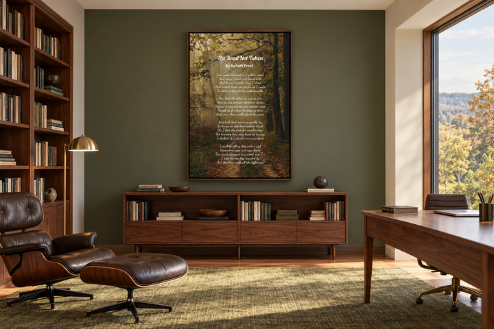 The Road Not Taken by Robert Frost framed canvas wall art in a mid-century modern office.