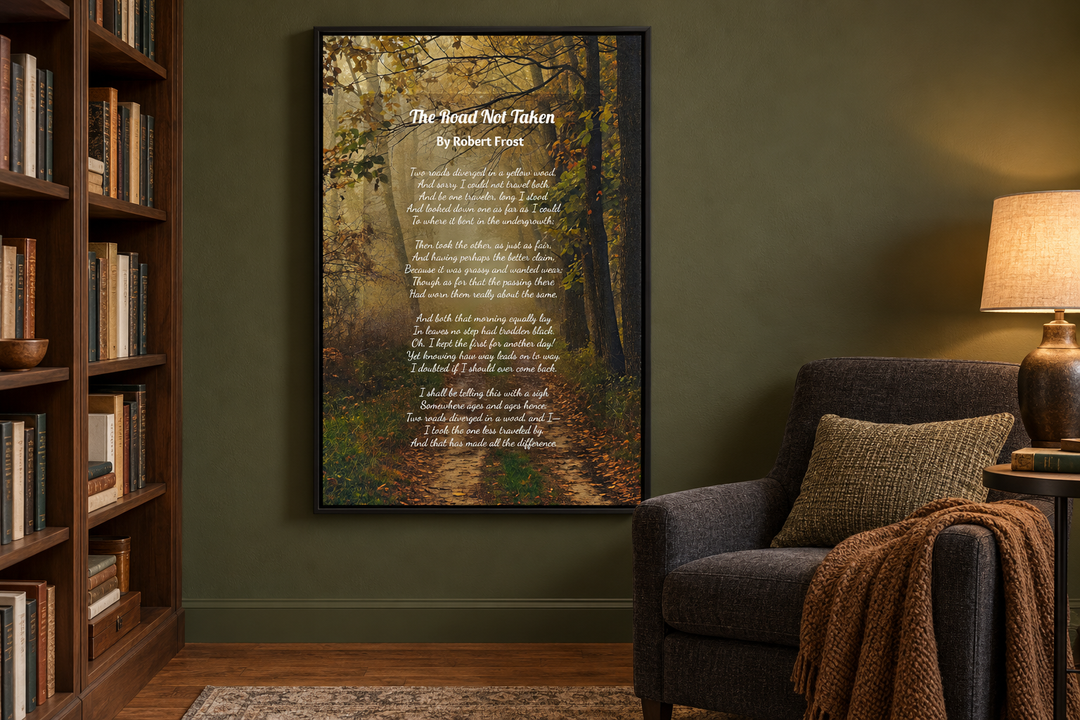 Framed canvas wall art of Robert Frost's The Road Not Taken poem over a misty forest path scene.